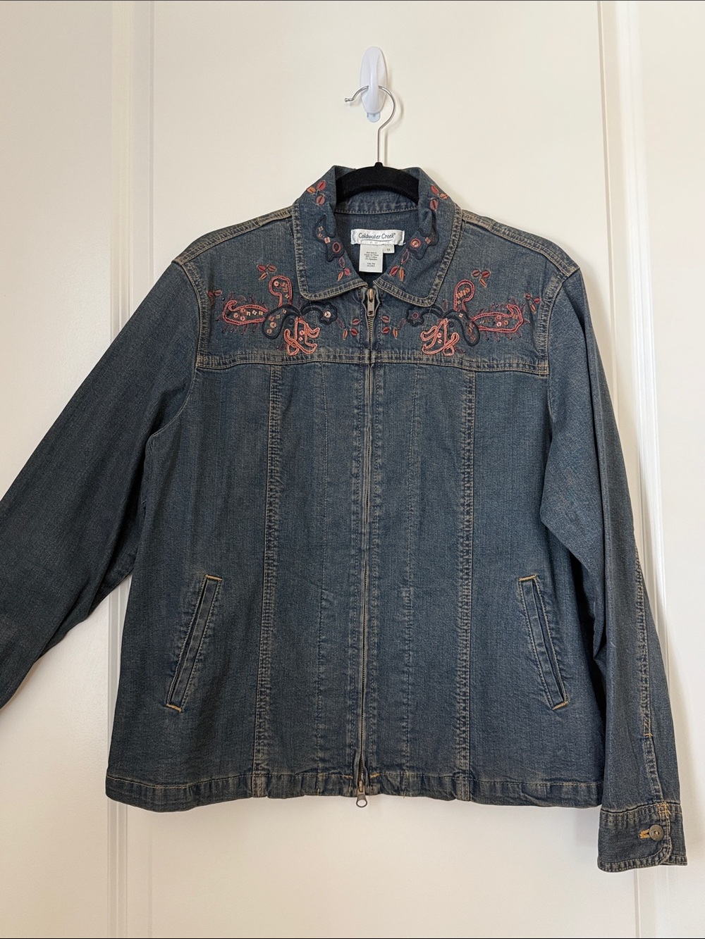 Coldwater Creek Dark Denim Jacket with Rose Soutache Embroidery and Sequins 1X